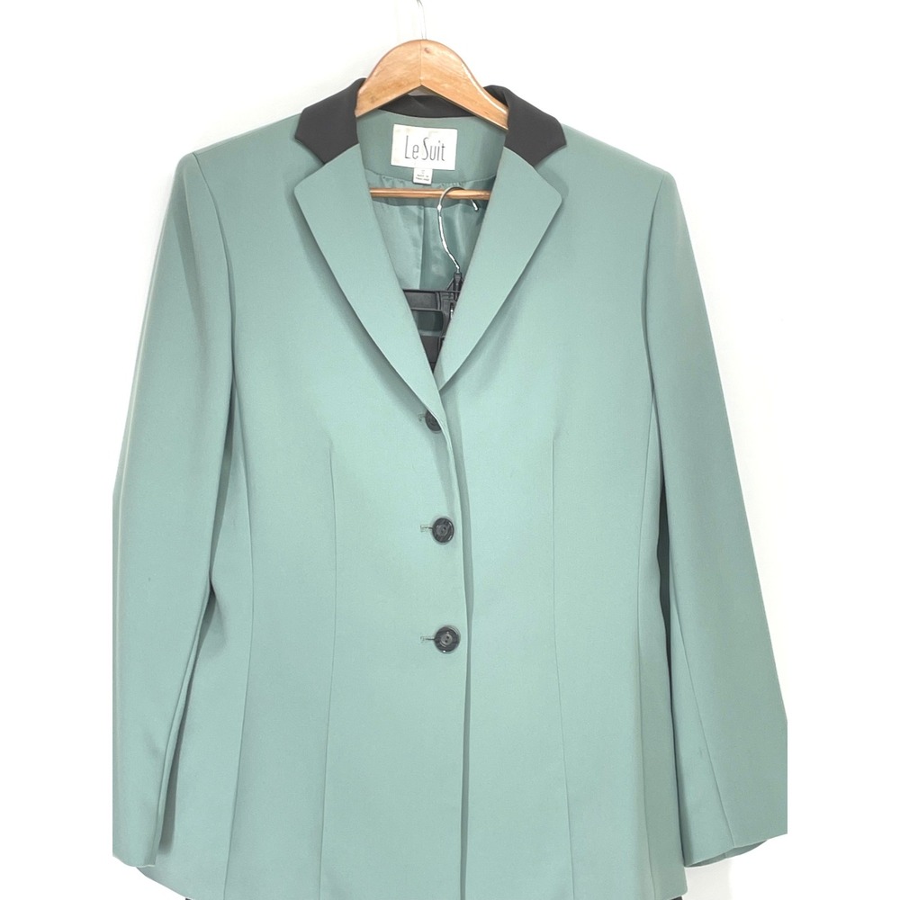 Le Suit Women Pant Suit 12 Professional Sage Green Black Contrast Collar - Picture 2 of 16